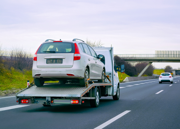 na grúa de plataforma transporta un automóvil blanco por la carretera, asegurado cuidadosamente en su parte trasera. En el fondo, un puente peatonal cruza la vía, mientras otro vehículo blanco circula por el carril derecho. La escena refleja una situación común en el tránsito urbano, donde los vehículos son remolcados por diversos motivos, ya sea por averías, accidentes o traslados programados.