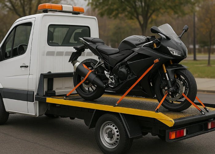 Una motocicleta negra asegurada con correas naranjas sobre la plataforma de un camión de remolque blanco. El camión cuenta con una luz de advertencia en la parte superior de la cabina y la escena se desarrolla en una calle con árboles y césped en el fondo. La imagen refleja un procedimiento de transporte seguro de motocicletas, ideal para situaciones de averías o traslados especializados.