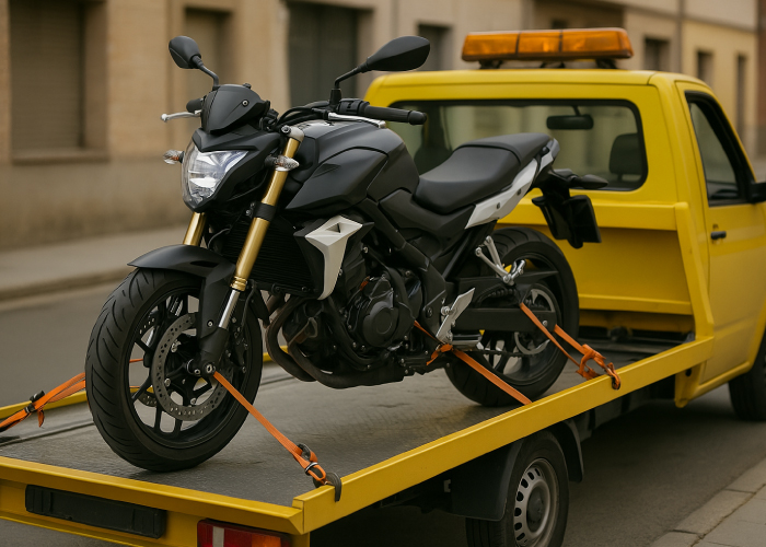 La imagen muestra una motocicleta negra asegurada con correas naranjas en la plataforma de una camioneta amarilla de remolque. La camioneta cuenta con una luz de advertencia en la parte superior, indicando que está en servicio. El fondo revela un entorno urbano con edificios visibles. La escena resalta el transporte seguro de motocicletas, ideal para traslados o asistencia en caso de emergencia.