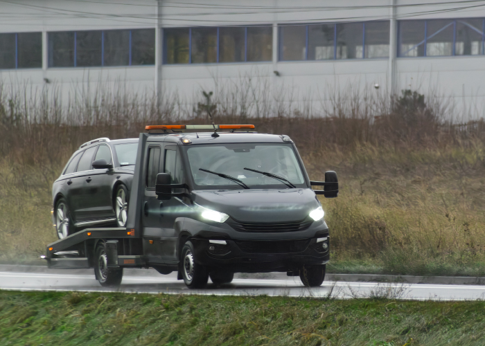 Una grúa negra con luces de advertencia transporta un vehículo familiar gris en una carretera mojada. En el fondo, un edificio y vegetación enmarcan la escena, resaltando el papel esencial de los servicios de asistencia en carretera.