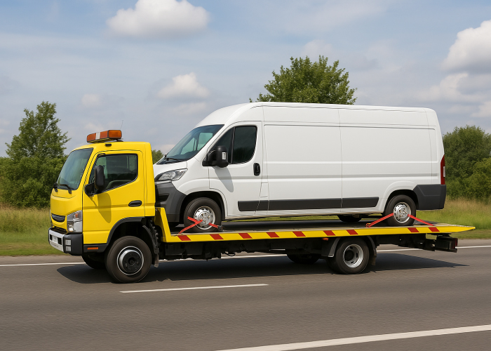 Un camión de remolque amarillo transporta una furgoneta blanca sobre su plataforma, asegurada con correas rojas. Se desplaza por una carretera rodeada de vegetación bajo un cielo parcialmente nublado, reflejando el proceso de traslado de vehículos, ya sea por averías, accidentes o logística de transporte.