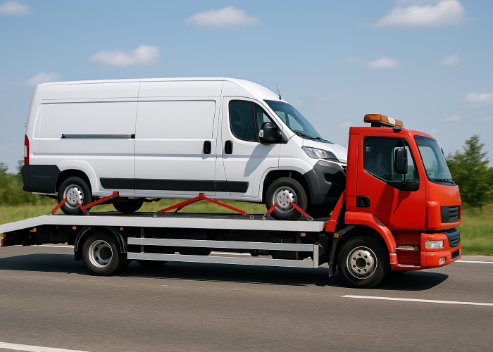 Un camión de remolque rojo transporta una furgoneta blanca sobre su plataforma, asegurada con soportes rojos en las ruedas. La luz de advertencia en la cabina del camión resalta su función de traslado. La carretera y la vegetación en el fondo sugieren movimiento, reflejando el proceso de transporte de vehículos en situaciones como averías o reubicaciones.