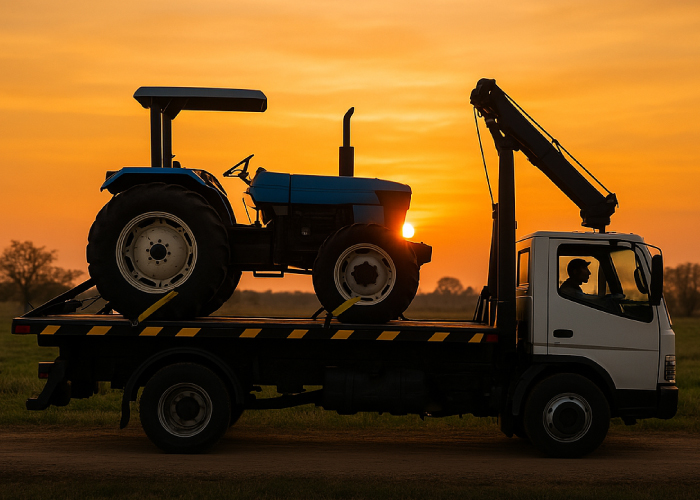 Camión grúa transportando un tractor azul al atardecer en un entorno rural. La silueta del vehículo y la maquinaria agrícola destacan contra el cielo iluminado por el sol poniente, resaltando la importancia del transporte de equipos pesados en zonas rurales.