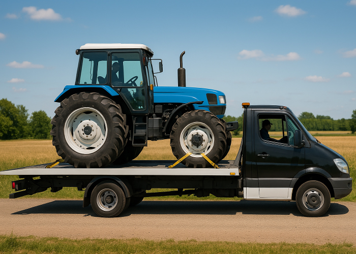 Camión grúa transportando un tractor azul al atardecer en un entorno rural. La silueta del vehículo y la maquinaria agrícola destacan contra el cielo iluminado por el sol poniente, resaltando la importancia del transporte de equipos pesados en zonas rurales.