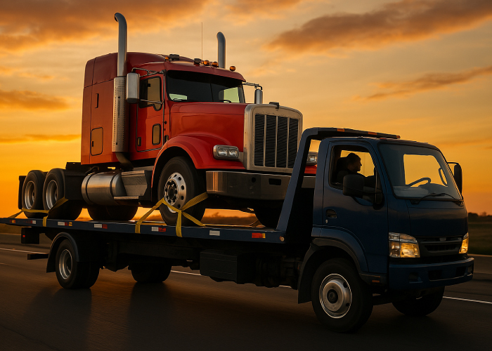 Un camión de remolque azul transporta un camión de carga rojo por una carretera bajo un cielo de atardecer con tonos anaranjados y dorados. La escena captura un momento clave en la logística y el transporte de mercancías, resaltando la imponencia de los vehículos y la atmósfera cálida del crepúsculo.