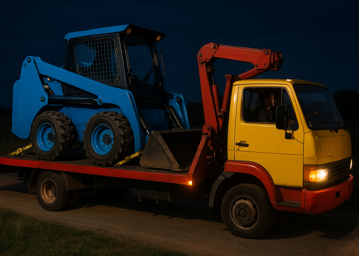 Un camión de plataforma amarillo y rojo transporta una minicargadora azul equipada con neumáticos grandes y una cabina protegida por una rejilla. La escena ocurre en un entorno oscuro, indicando que es de noche. La minicargadora está asegurada sobre el camión, que también cuenta con una grúa incorporada, destacando el traslado de maquinaria pesada, común en la industria de la construcción y el transporte especializado.