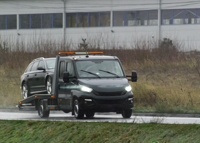 Una grúa negra transporta un automóvil gris en una carretera mojada bajo un cielo nublado. El vehículo de asistencia tiene luces de advertencia naranjas en la parte superior, mientras que al fondo se aprecia un edificio industrial con ventanas azules.