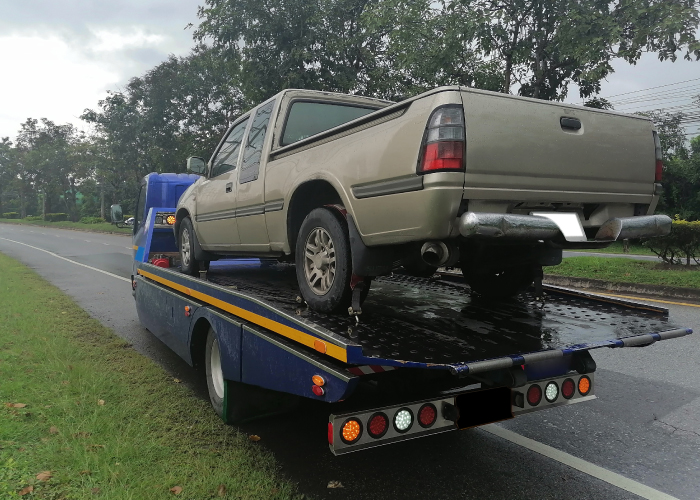 Una camioneta beige está siendo transportada sobre una grúa de remolque azul, estacionada al costado de una carretera rodeada de árboles y vegetación. La escena sugiere una posible avería o asistencia vial.