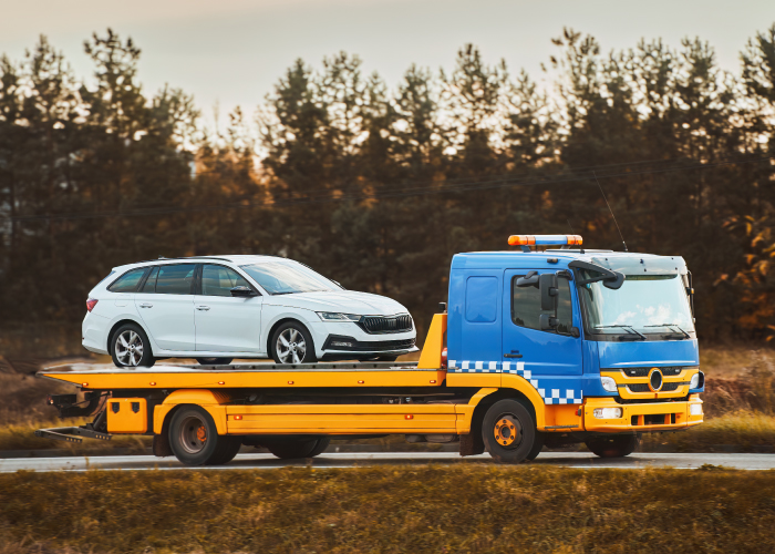 Una grúa azul y amarilla transporta un automóvil blanco sobre su plataforma. La grúa tiene un diseño de cabina con una luz de advertencia en la parte superior y un patrón de cuadros azules y blancos en el lateral. El automóvil, un modelo moderno, está asegurado para su traslado. La escena transcurre en una carretera con árboles de fondo, reflejando un servicio de asistencia en carretera en acción.
