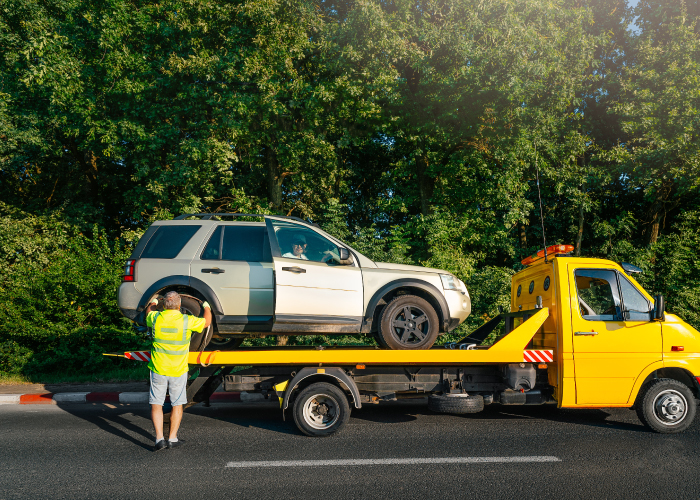 Un vehículo blanco está siendo remolcado por una grúa amarilla en una carretera. Junto a la grúa, un hombre con chaleco reflectante y pantalones cortos parece estar asegurando el vehículo. El fondo muestra árboles y vegetación verde, indicando un entorno al aire libre. Esta escena representa una situación común de asistencia vehicular en la carretera.